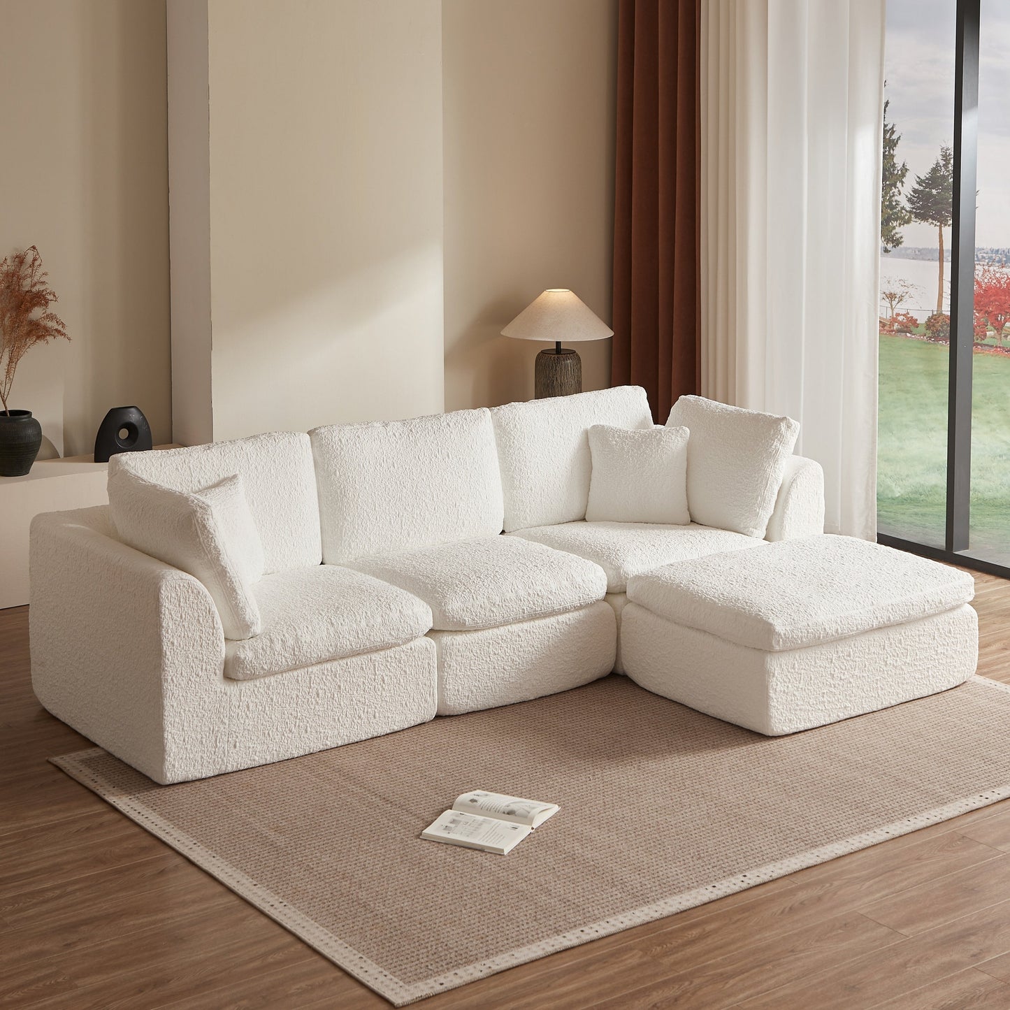 NEW Cloud Style 3 Seater Convertible Couch Warm White, Chenille Fabric L-Shape Modular
