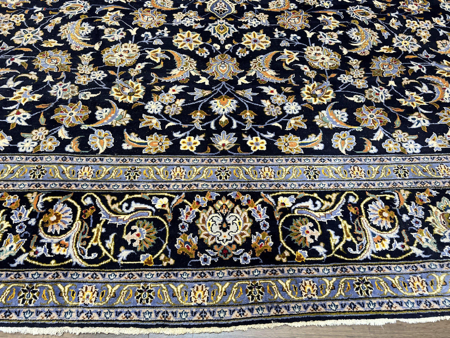 USED Wonderful Navy Blue Persian Kashan Rug 11x13, Allover Floral Design with Central Medallion, Wool Hand-Knotted Antique Carpet, Signed Rabani Rug