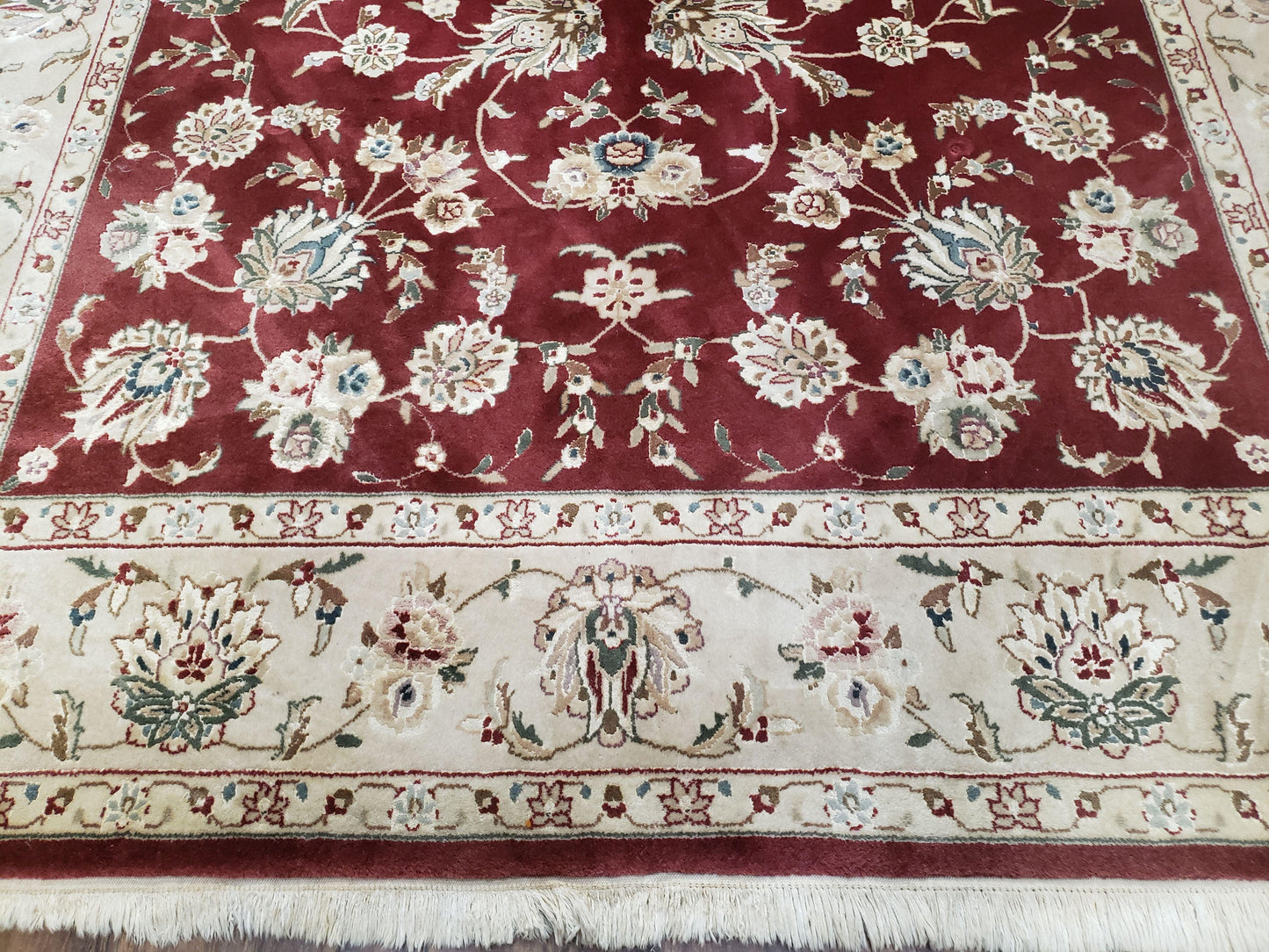 USED Vintage Traditional Oriental Area Rug, Hand-Knotted, Wool & Silk Accents, Maroon Red and Beige, 6x9 Carpet, 5' 9" x 9'