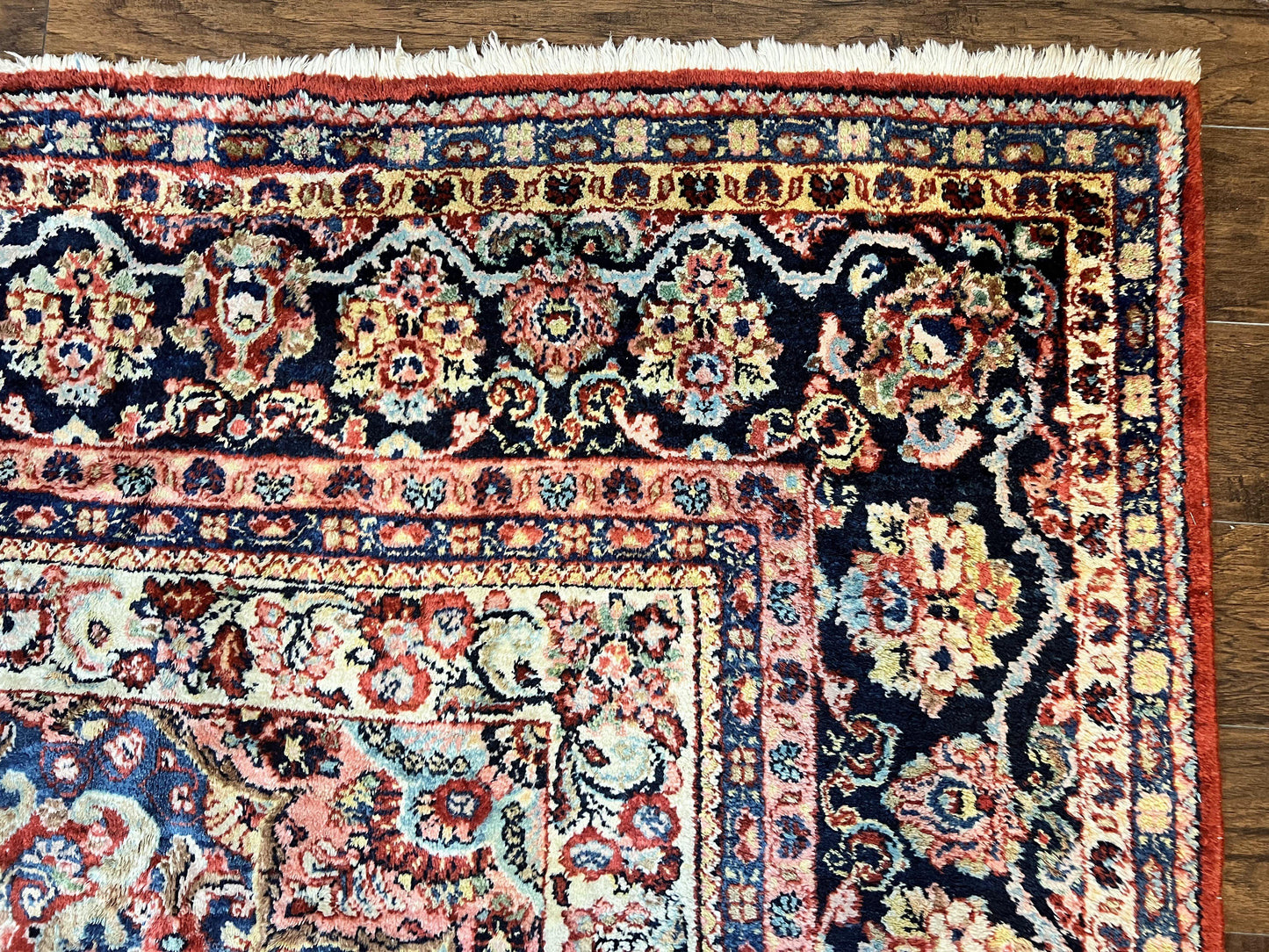 USED Persian Sarouk Rug 11x14, Semi Open Field, Large Antique Persian Wool Handmade Carpet, Red and Dark Blue, Floral