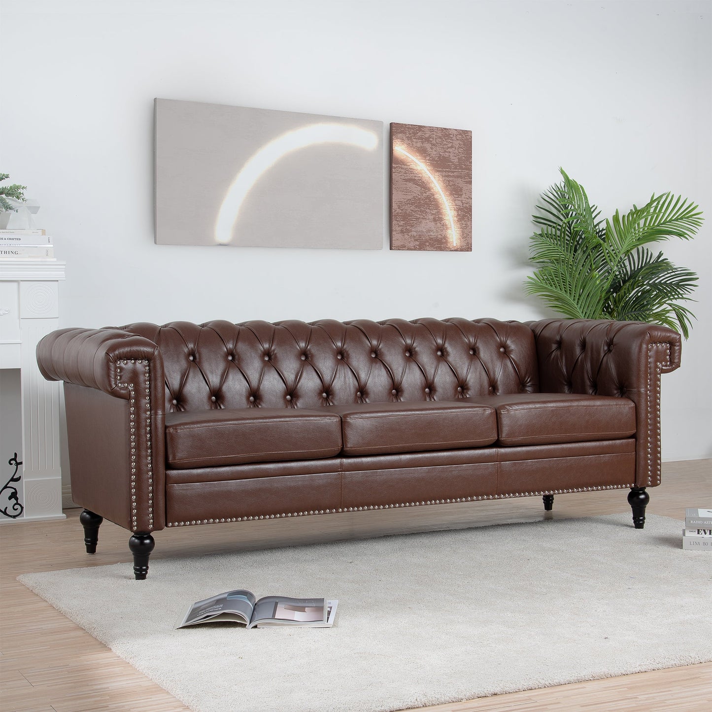 NEW Traditional Dark Brown 3 Seater Sofa with Removable Cushions and Square Arms in PU Material