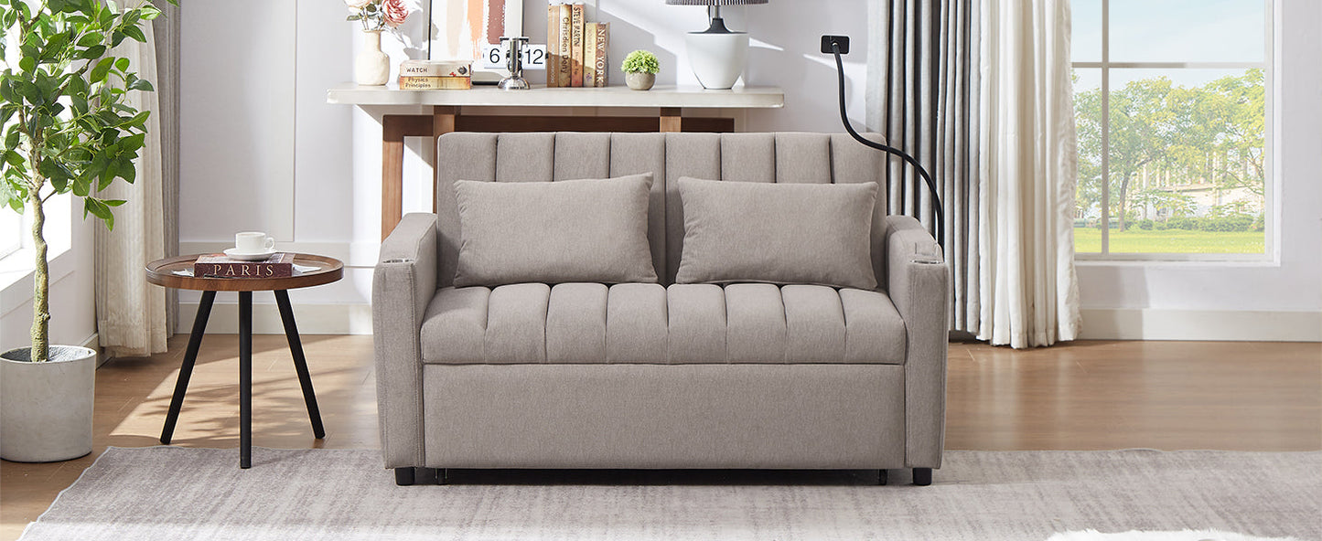 NEW Convertible Sofa Bed Loveseat with USB Ports, Side Pockets, Cup Holders & Swivel Phone Holder, Light Grey Bella Fabric