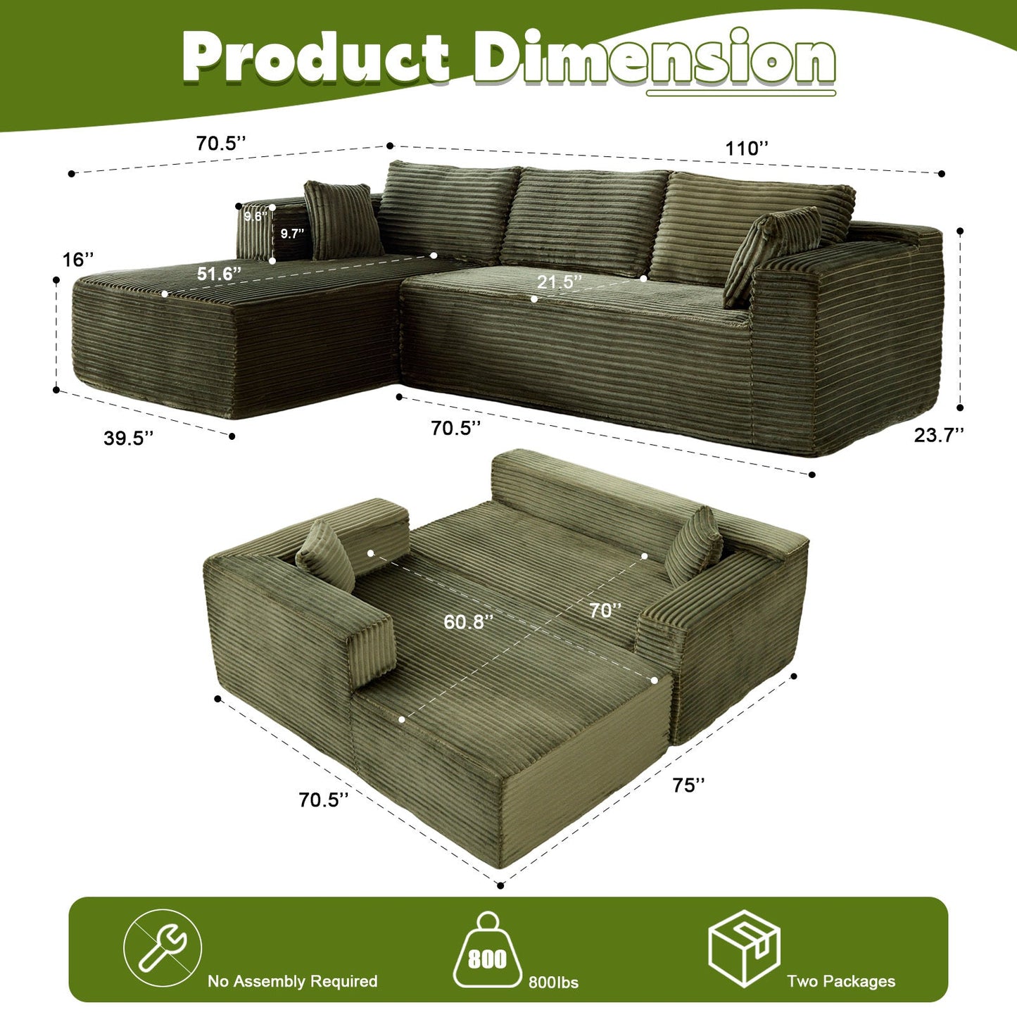 NEW Compression Sectional Couch with Comfy Chaise, Boneless L Shape Sofa with Deep Seat, Minimalist Modular Couches Sleeper for Living Room Bedroom Apartment Lounge,corduroy,Green