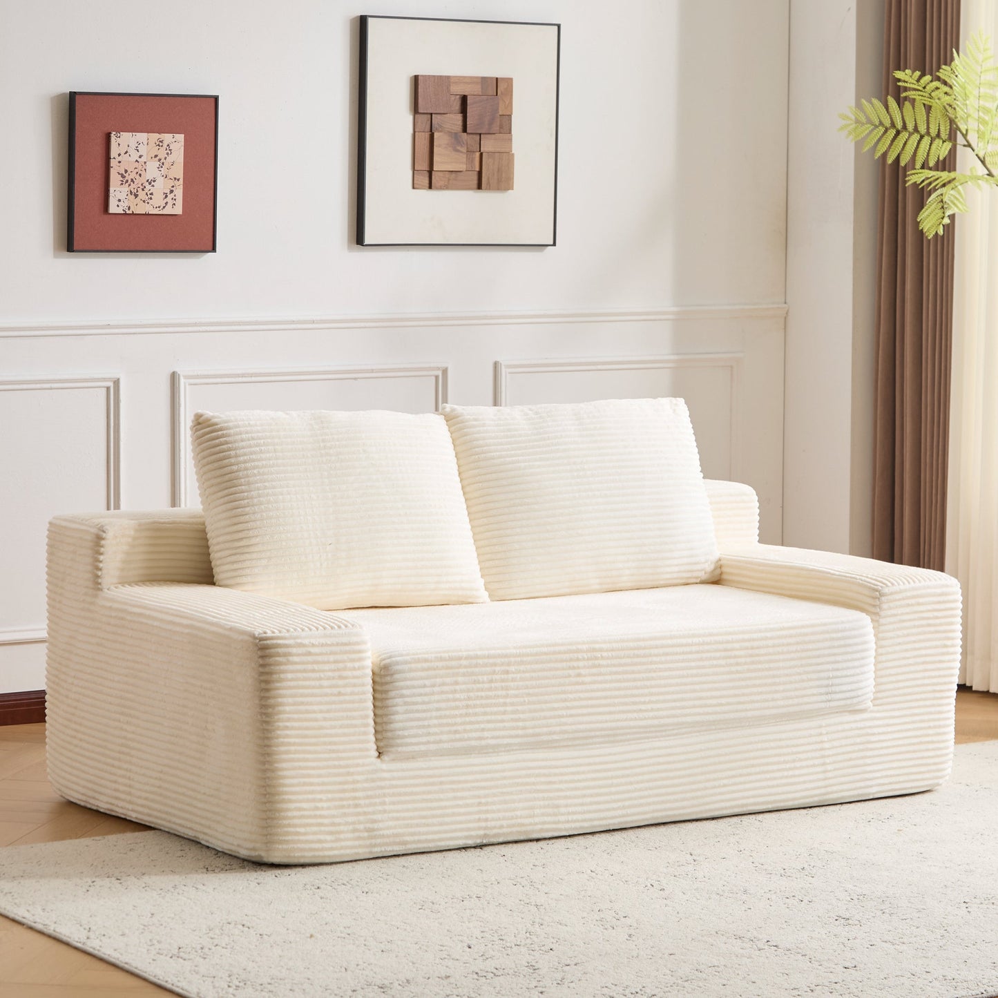 NEW Loveseat Sofa, Comfortable Deep Seat Sofa Bed, Modern Small Corduroy Couch for Living Room Bedroom,Reversible Cushion with Pillows,No Assembly Required,White