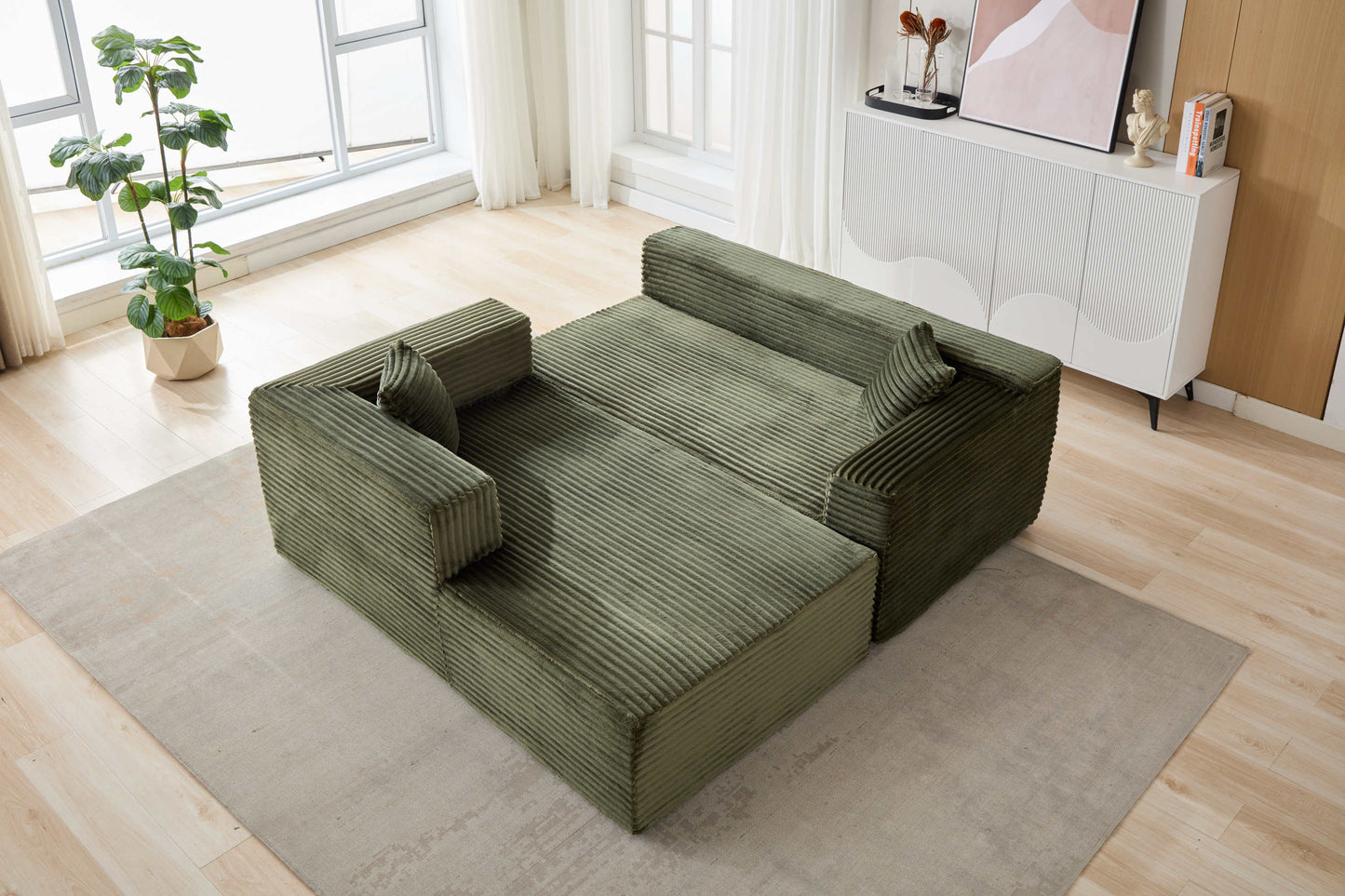 NEW Compression Sectional Couch with Comfy Chaise, Boneless L Shape Sofa with Deep Seat, Minimalist Modular Couches Sleeper for Living Room Bedroom Apartment Lounge,corduroy,Green
