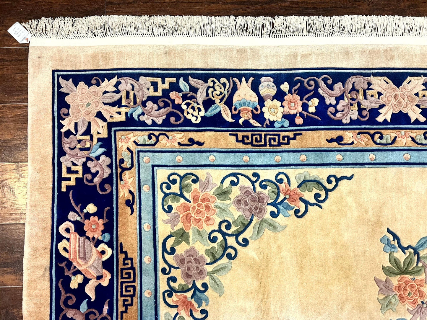 USED Chinese Wool Rug 8x11, Peking Asian Oriental Carpet, Cream/Ivory and Blue, Vintage Handmade Rug, Art Deco Rug