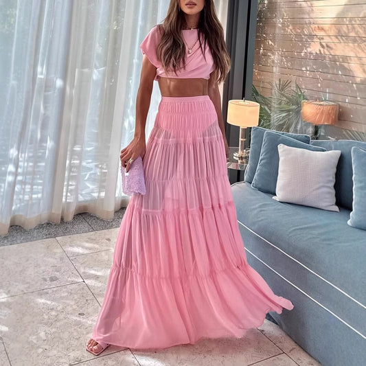 New Round Neck Pleated Jacket  Patchwork Skirt Two-piece Suit