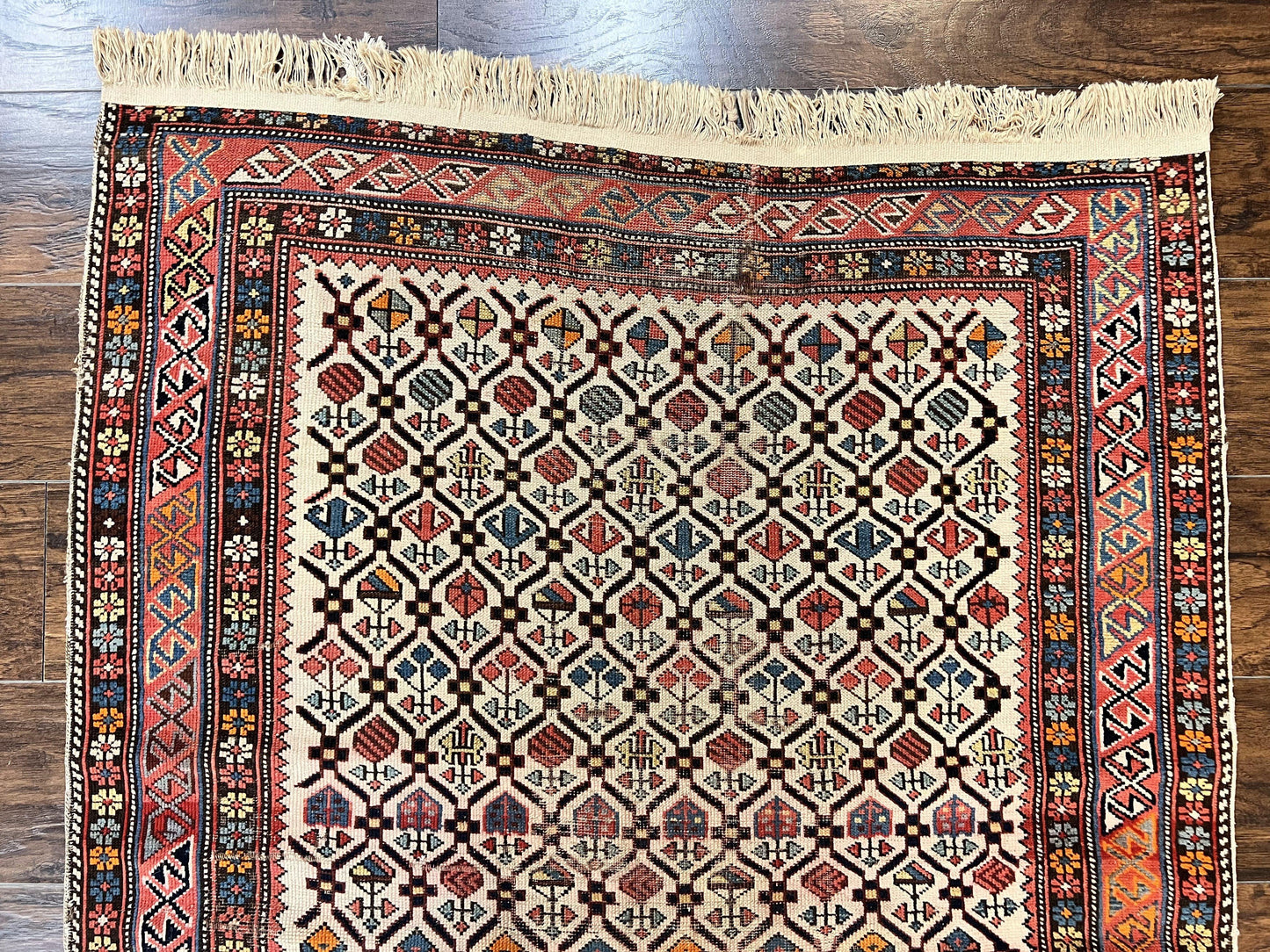 USED Antique Caucasian Rug 4x5, Hand Knotted Handmade Shirvan Oriental Carpet, Ivory Red Rug Allover Pattern, Rare Wool Rug, Tribal Geometric Rug