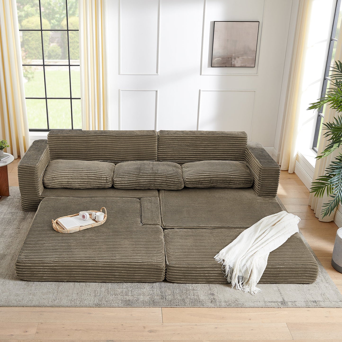 NEW Right sofa seat,L shape Modular Sectional Sofa, Compressed Sectional Sofa Modern Minimalist Style Corduroy Couch,Unfold into a bed, Bedroom, Comfy Compressed Sofa Couch Space-Efficient Design-Brown