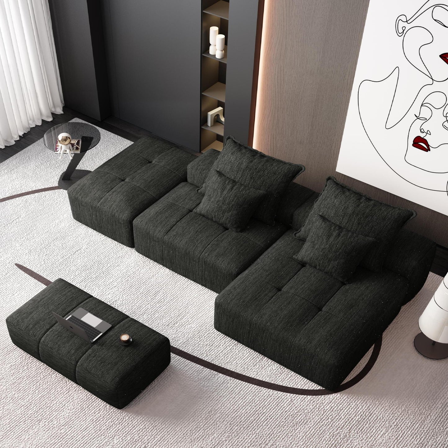 NEW Modern Oversized Modular Sectional Sofa with Ottoman, Seat, Chaise lounge and Armrest, Sparkling Chenille Fabric Soft Cushion Sofa with 4 Pillows,4 PCS DIY Combination Tufted Sofa,No Assembly Required