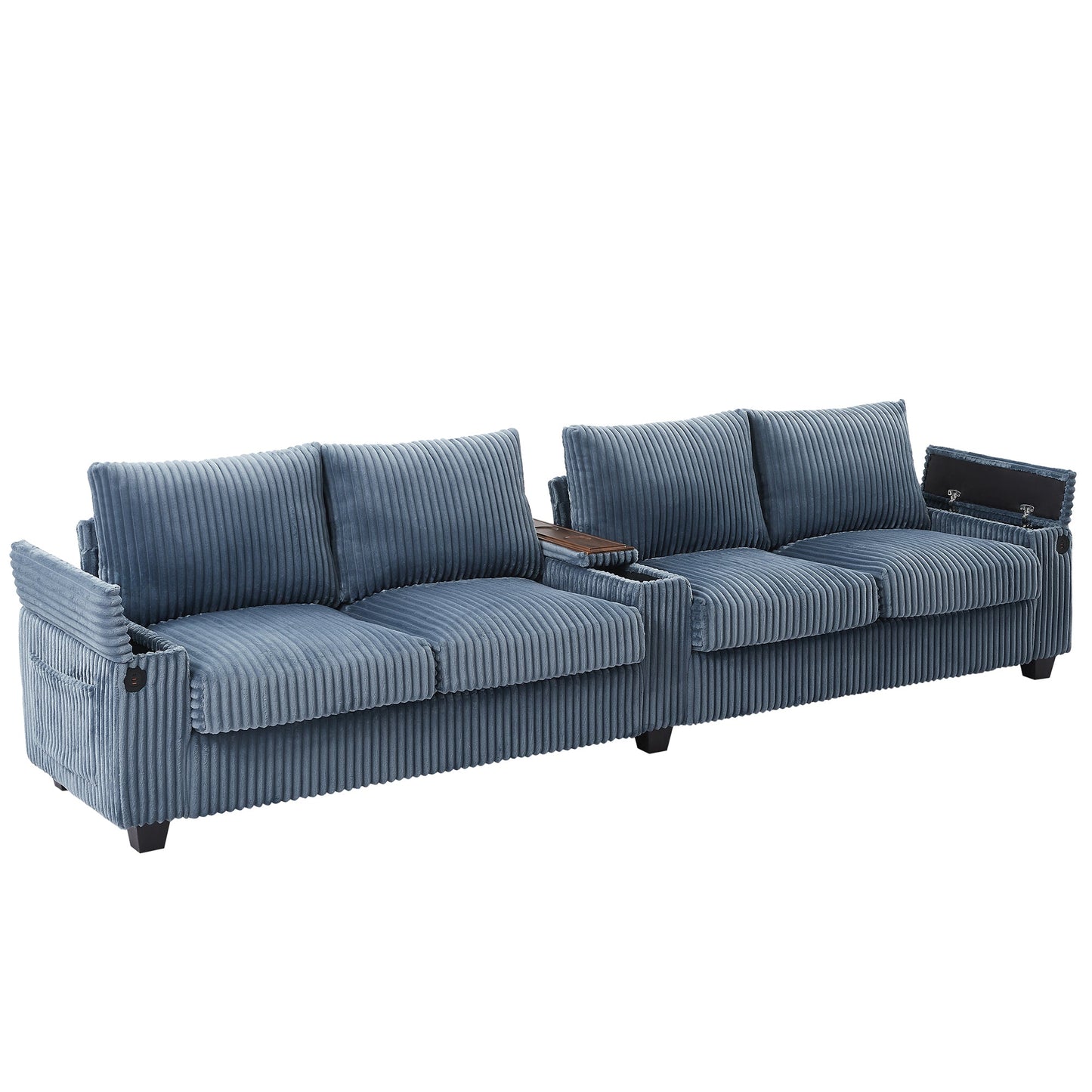 NEW Modern 4-Seater Corduroy Sofa Couch with USB Ports, Hidden Storage, Flip-Top Cup Holders, Blue, 133'