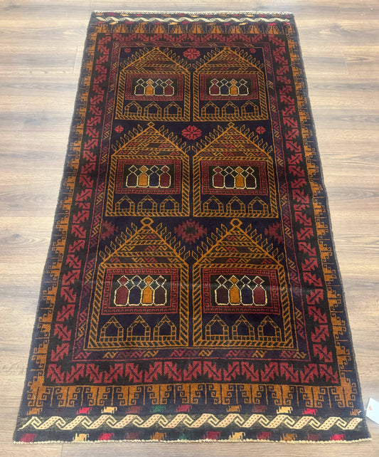 NEW Afghan Rug 3x7, Navy Blue, Tribal Rug, Balouch Carpet