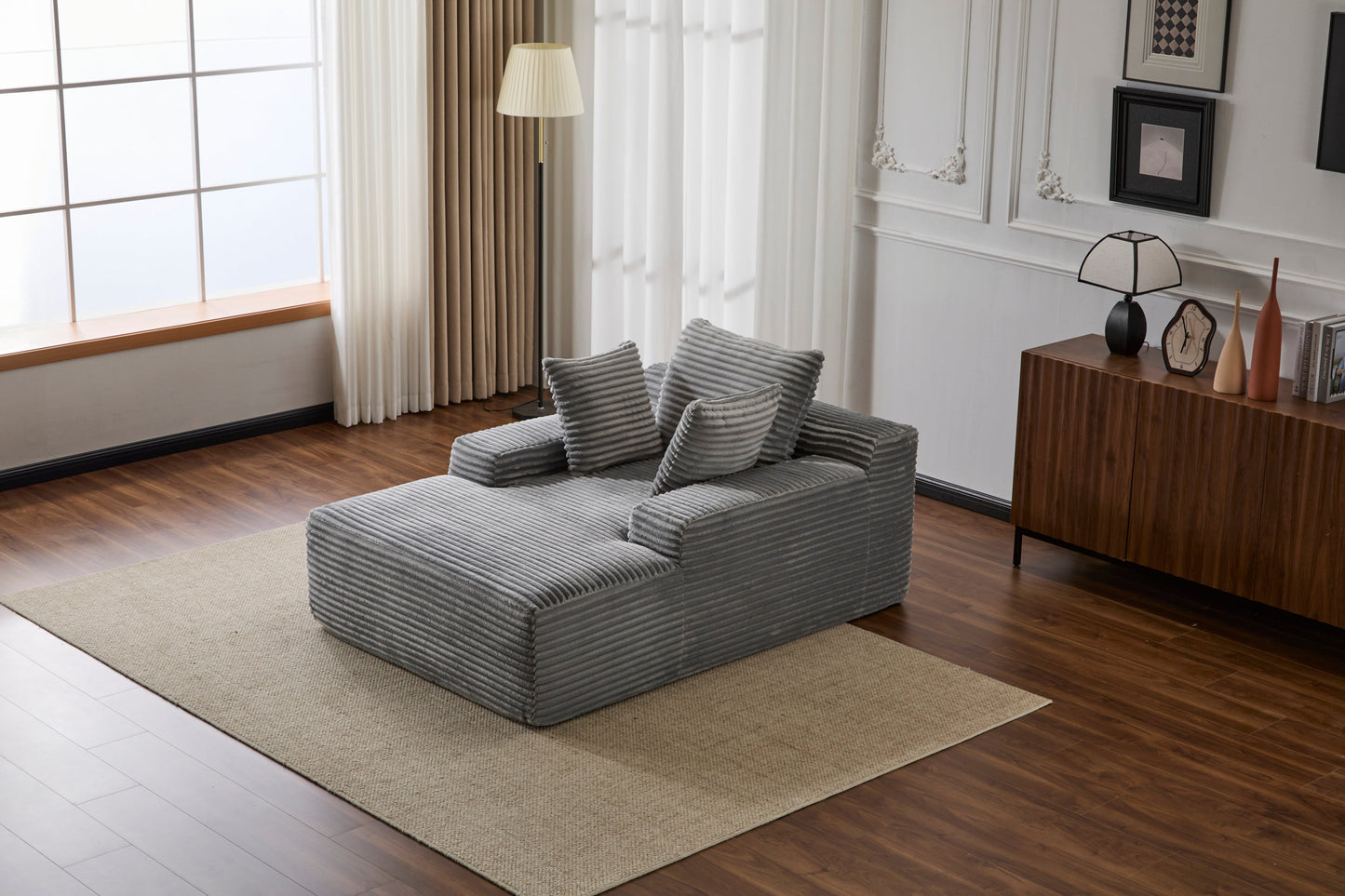 NEW Grey Oversized Chaise Lounge Chair Cozy Cloud Couch Modern Plush Corduroy Upholstered Sleeper Sofa Daybed with 3 Throw Pillows and Wide Armrest