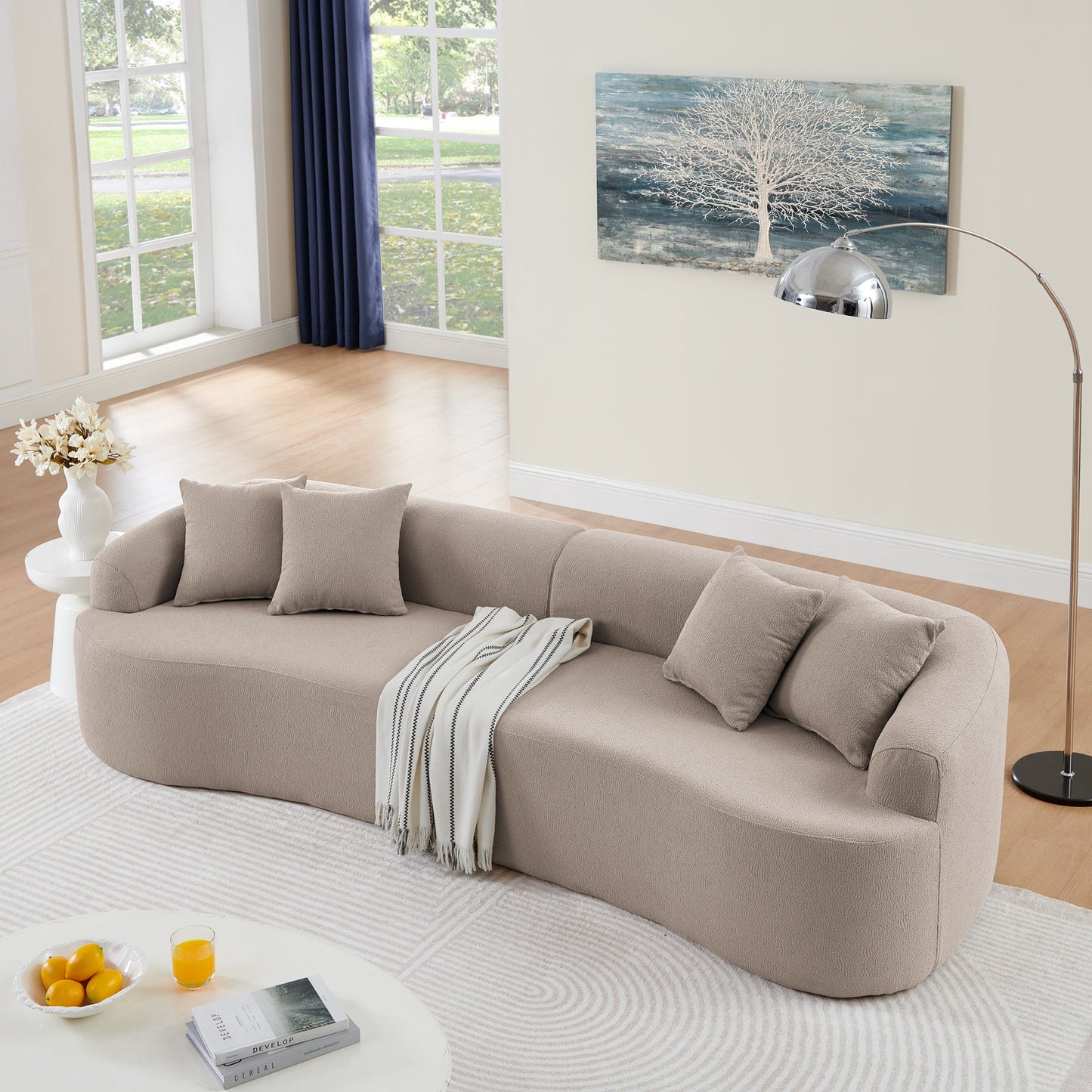 NEW Curved Modular Sectional Sofa in Lamb's Wool Fabric, Modern Minimalist Style, Compressed (No Assembly Required), Comfy for Living Room & Bedroom - Brown