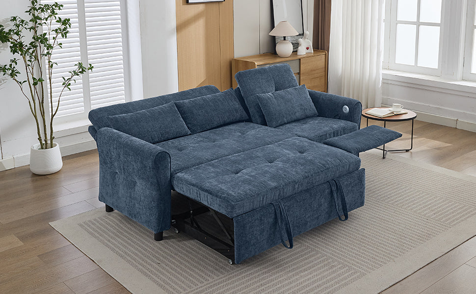 NEW 2-in-1 Sofa 82' Three-seater Sofa with Sofa Bed and Reversible Recliner, Blue Chenille