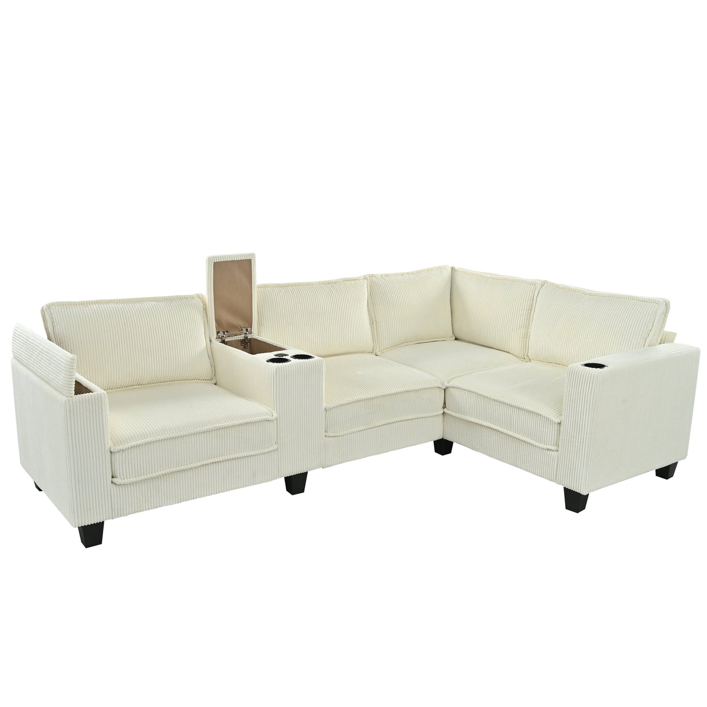 NEW L-shaped 4-Seater Corduroy Large Storage Armrest Sofa with Center Console and USB Charging