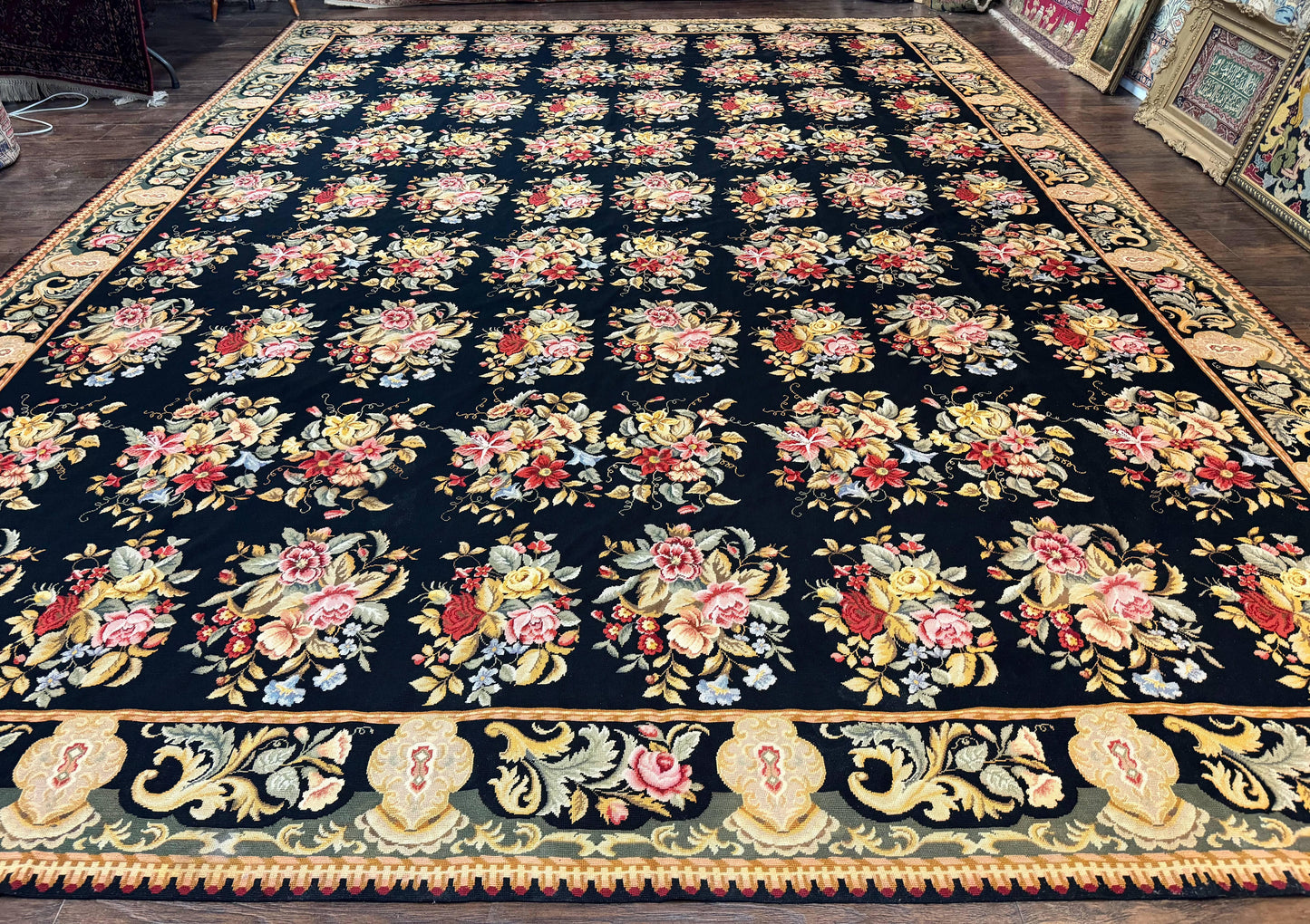 USED Palace Size Needlepoint Rug 12x16, Black and Colorful, Floral Panel, Handmade Oversized Wool Needlepoint Carpet, Rare