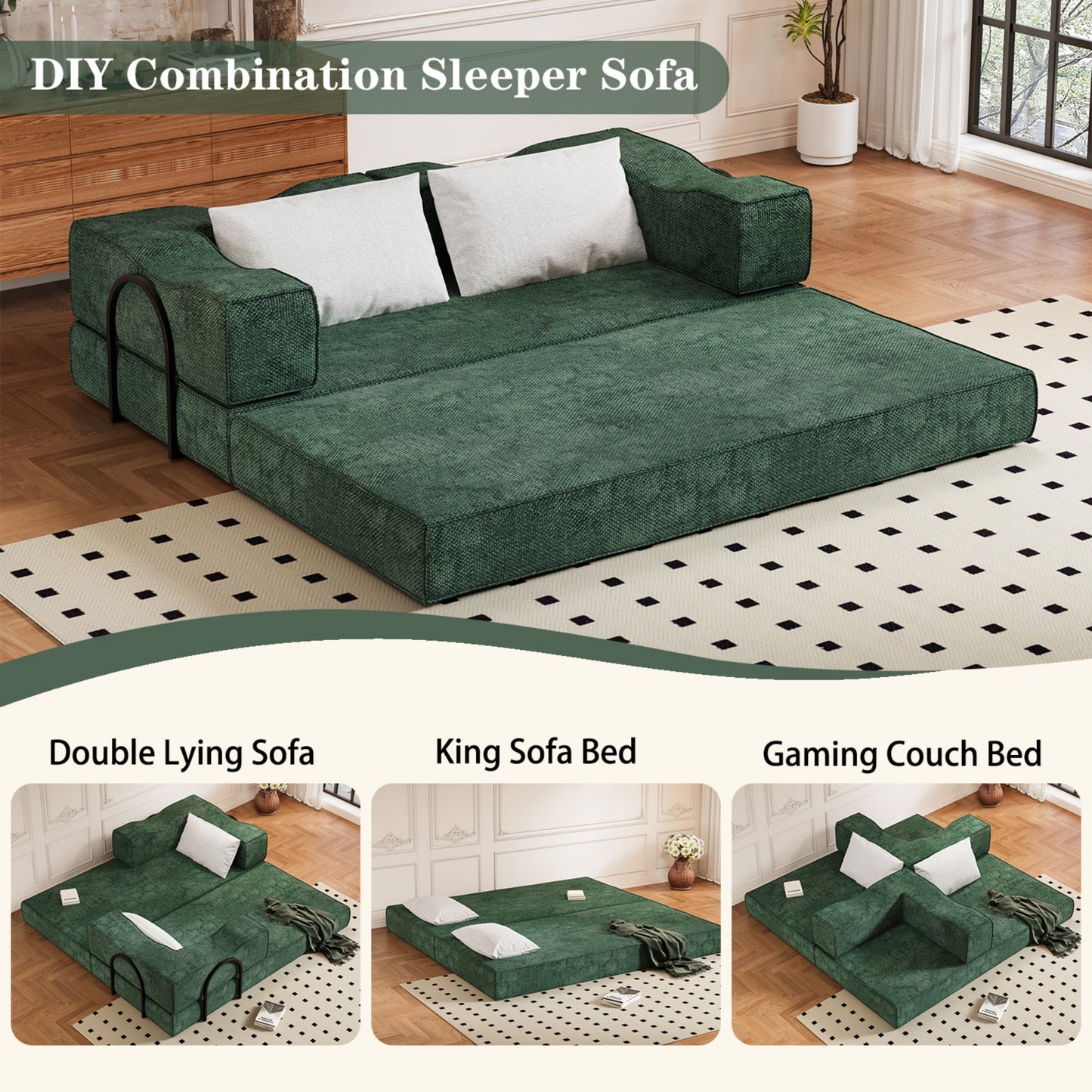 NEW 80 ' Convertible Couch Bed with 2 Pillows, 3-Seat Folding Floor Couch & King Size Bed Mattress, DIY Combination, Chenille, GREEN