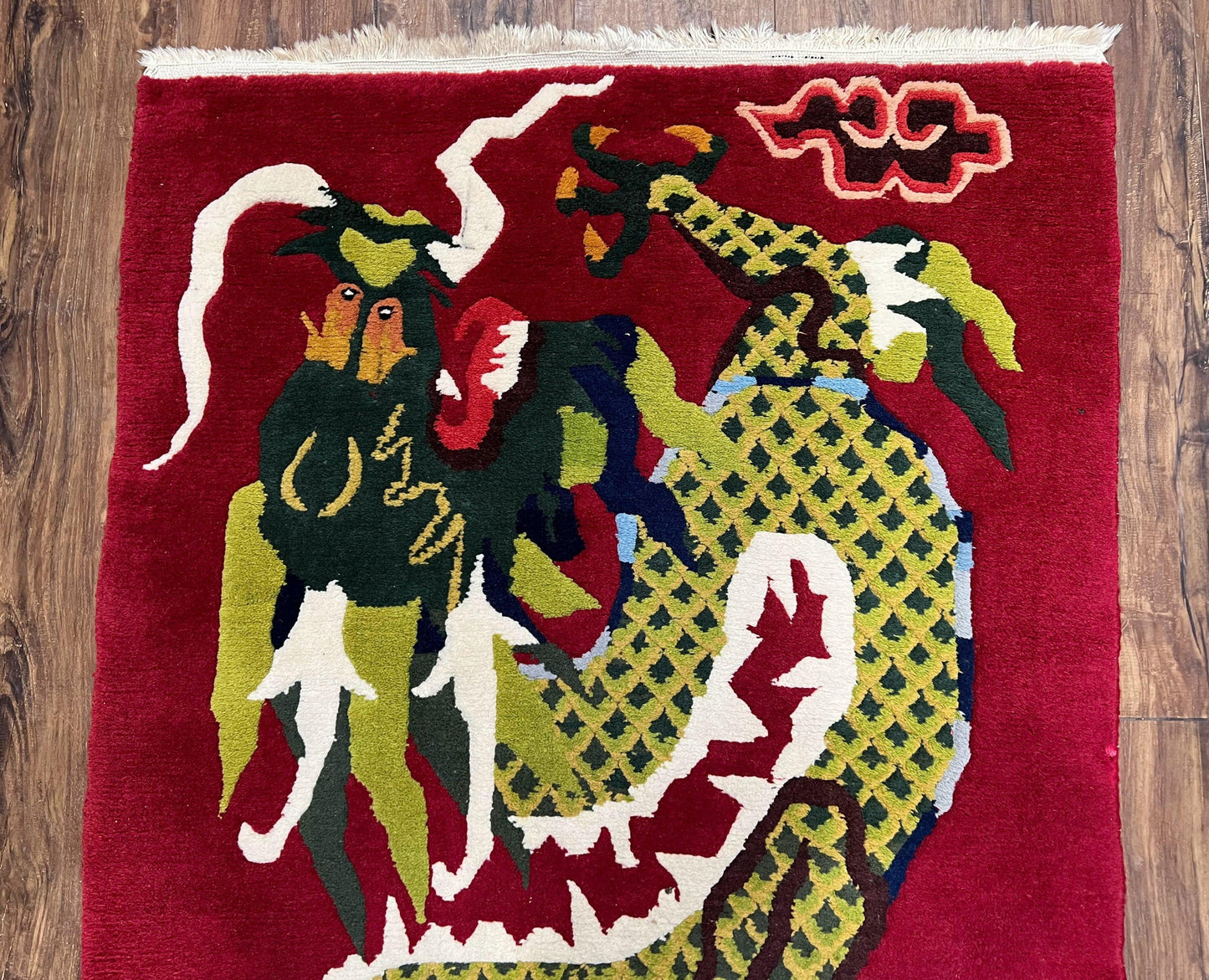 USED Vintage Chinese Dragon Rug 3 x 6.8, Handmade Hand Knotted Red Chinese Carpet with Gold Dragon, Art Deco Peking Soft Chinese Rug Runner