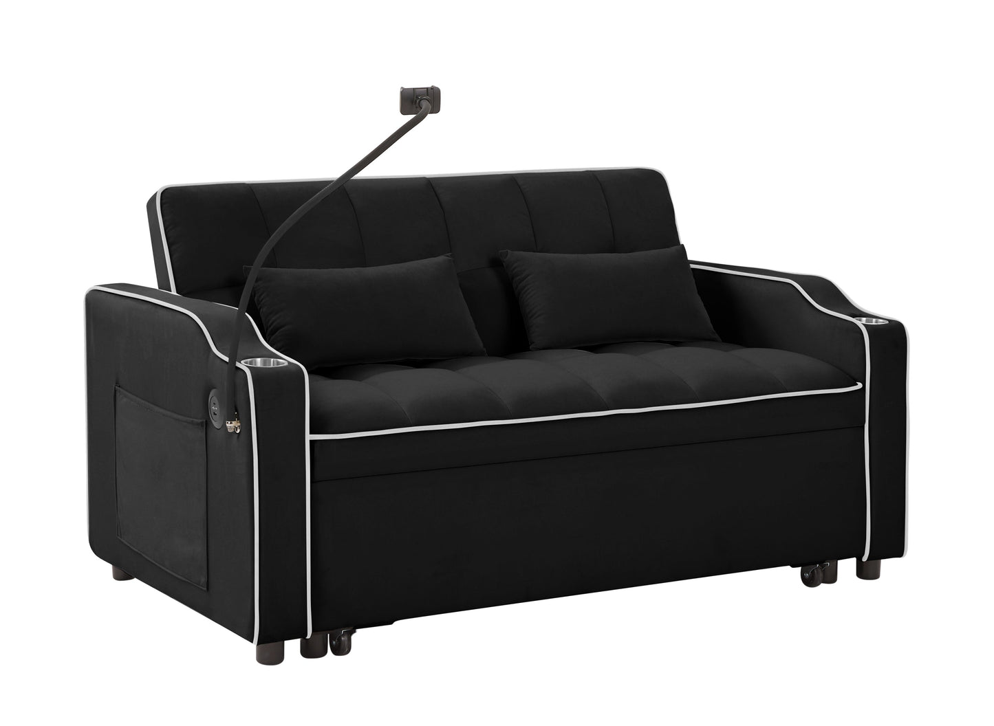 NEW 1 versatile foldable sofa bed in 3 lengths, modern sofa sofa sofa velvet pull-out bed, adjustable back and with USB port and ashtray and swivel phone stand (black)