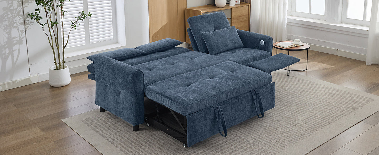 NEW 2-in-1 Sofa 82' Three-seater Sofa with Sofa Bed and Reversible Recliner, Blue Chenille