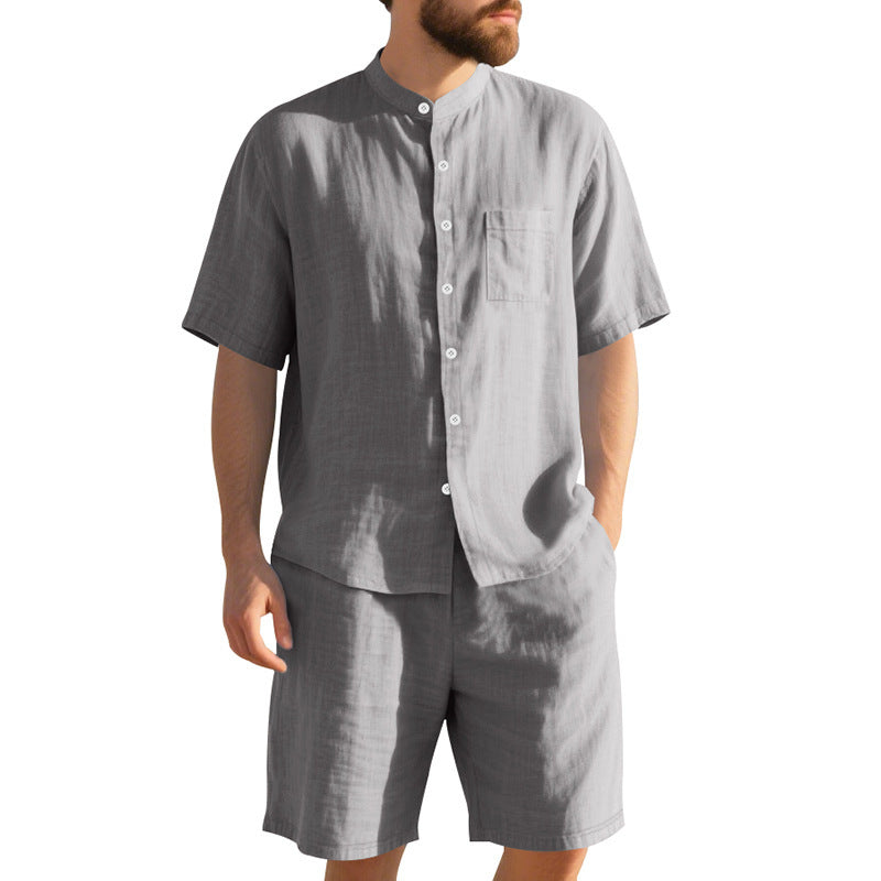 New American Linen Suit Men's Summer Two-piece Suit Henry Collar Beach