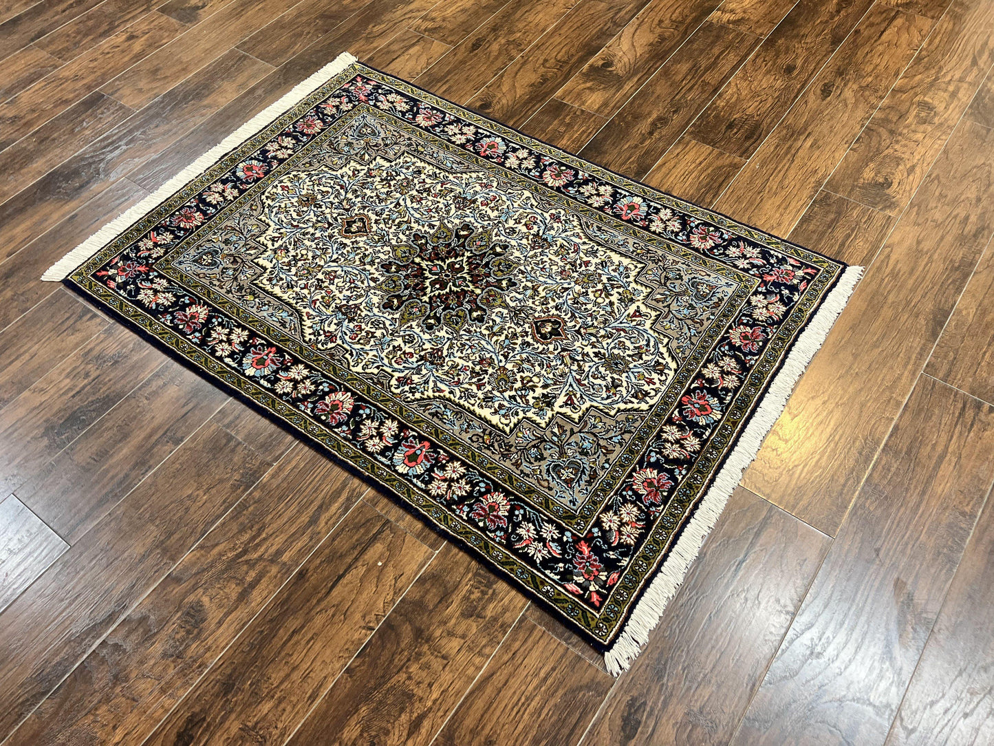 USED Persian Qum Rug 3x5, Wool with Silk Highlights, Handmade Semi Antique Carpet, Ivory & Navy Blue, Floral Medallion, Finely Hand Knotted