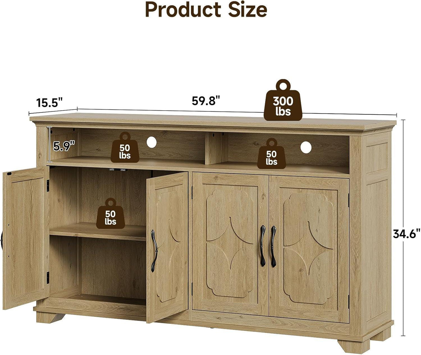 NEW 60 Inch Sideboard Buffet Cabinet With Open Storage