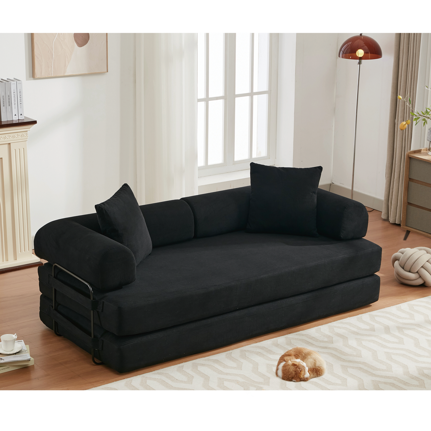 NEW  78.5' Folding Convertible Out Sleeper Sofa Bed,4-in-1 DIY Combination Convertible Sofa,3 seat, Folding  Sofa, King Size , Bedroom,Apartment,Corduroy,Black