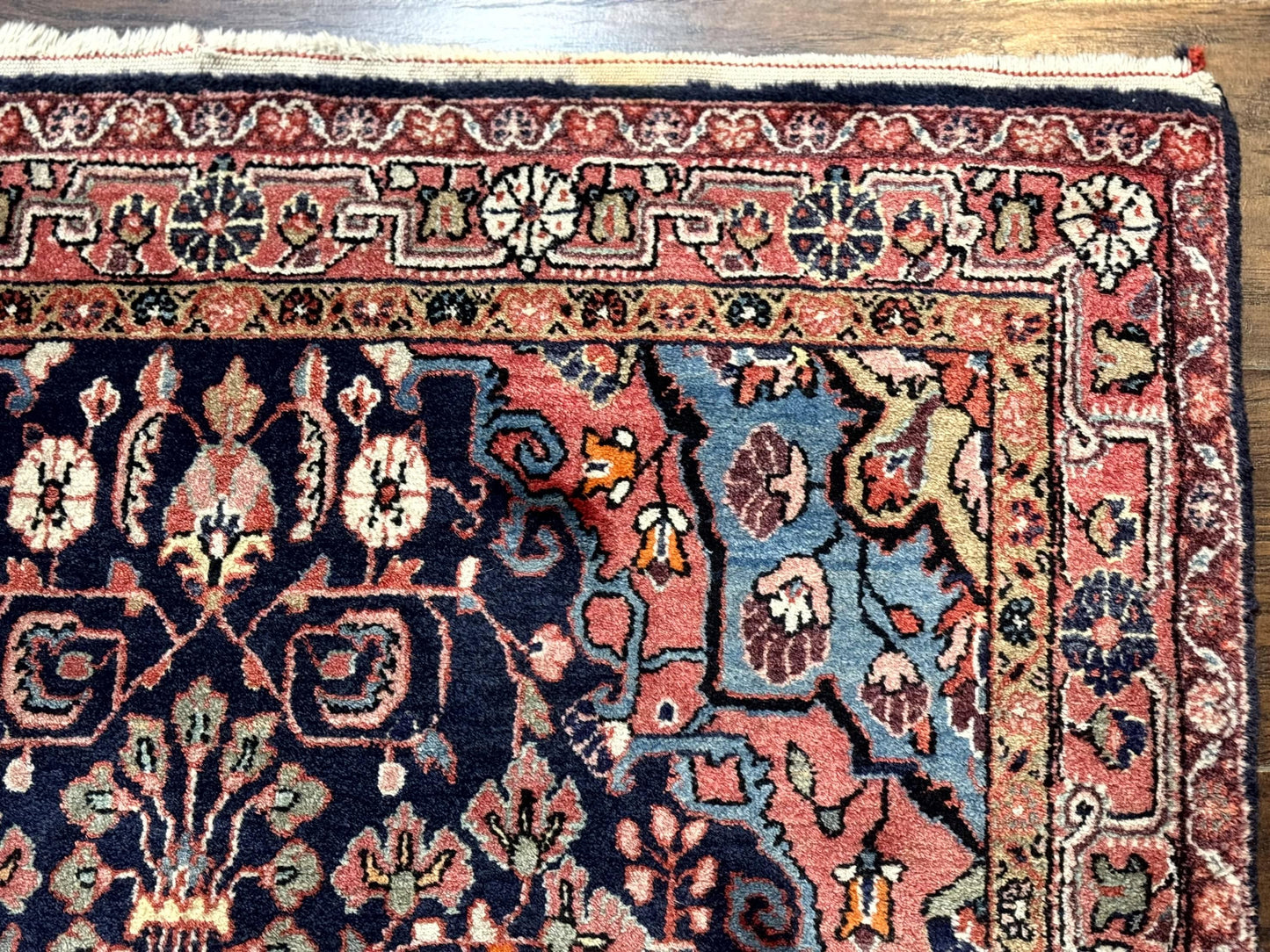 USED Persian Rug 3x5, Jozan Sarouk Rug, Navy Blue and Coral, Medallion Rug, Semi Antique