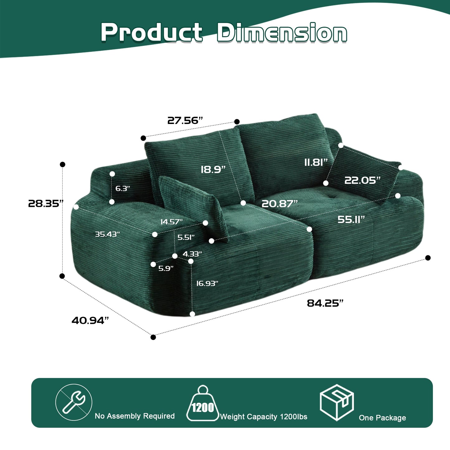 NEW Modern Memory Foam Green Corduroy Fabric Extra Deep Loveseat Compressed Sofa 2 Seater Large Modular Sectional Sofa Couch