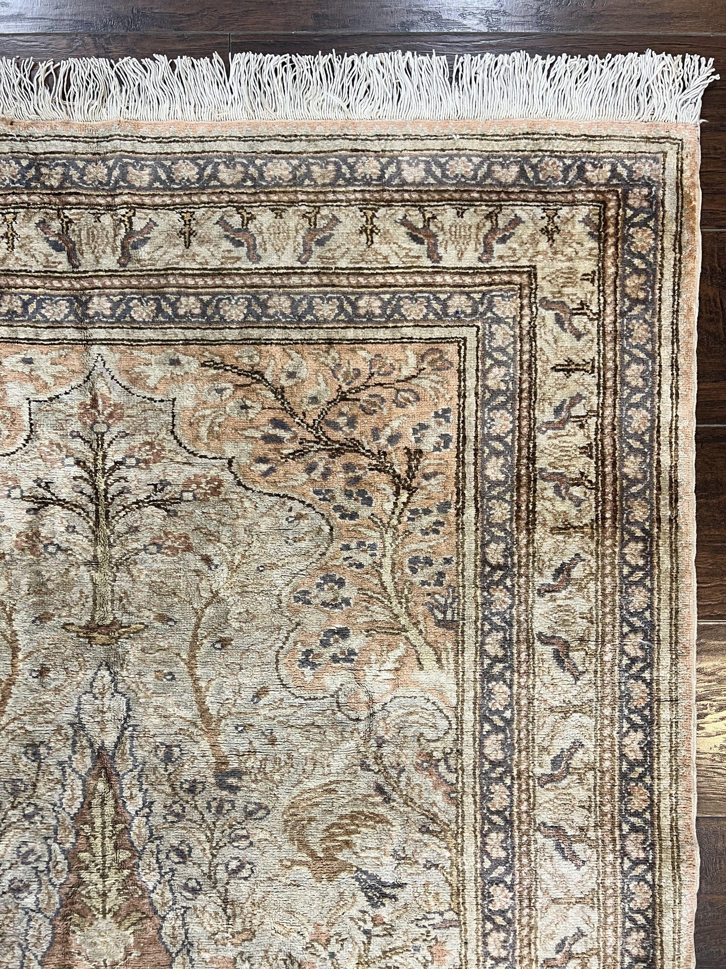 USED Turkish Kayseri Silk Rug 4x6, Tree of Life Pattern, Vintage Handmade Hand Knotted Carpet, Animal Pictorials, Birds