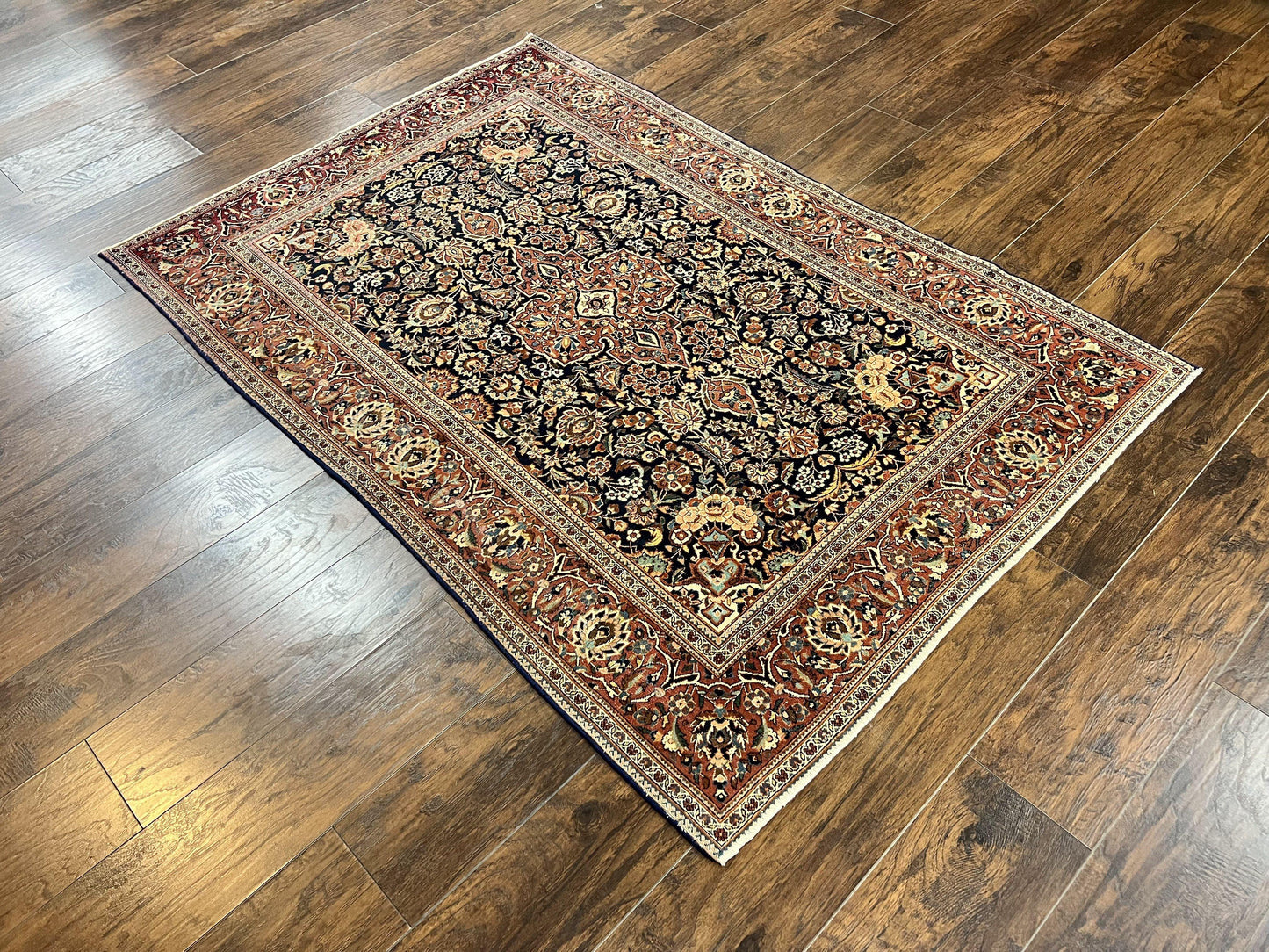 USED Persian Kashan Rug 4x7, Floral Medallion Vintage Handmade Hand Knotted Navy Blue & Red Wool Oriental Carpet, Highly Detailed Semi Antique Rug