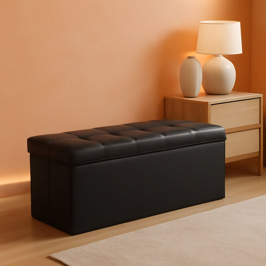 NEW 43 Inch Folding Storage Ottoman Black Synthetic Leather