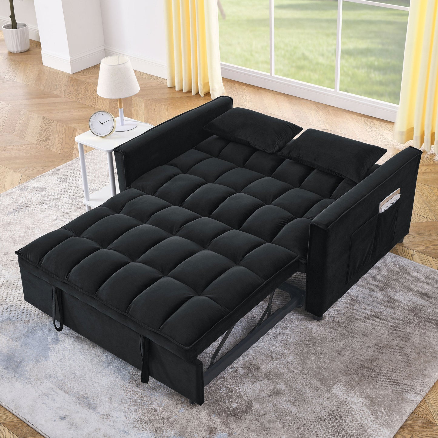 NEW Velvet Black Sleeper Convertible Sofa Recliner Bed 3-in-1 Adjustable Backrest 2-Seater