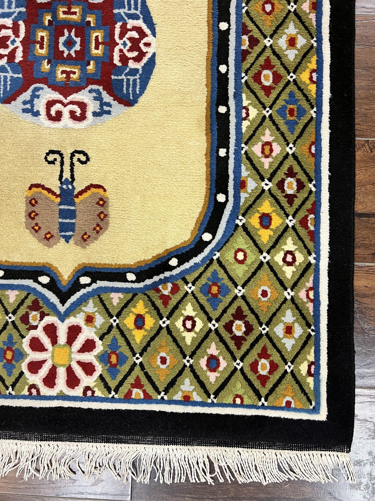 USED Chinese Rug 3x6 ft, Chinese Wool Rug, Tiensin Rug, Handmade Wool 3 x 6 Vintage Peking Rug, Art Deco Rug, Butterflies