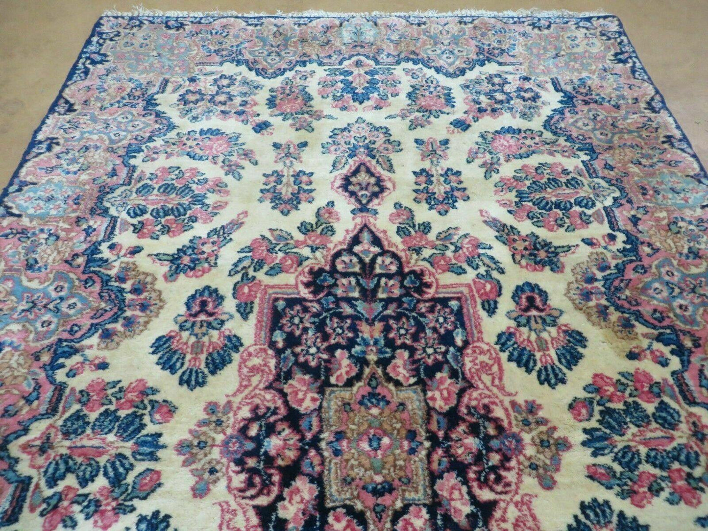 USED Antique Persian Kirman Rug 3.9 x 6.6, Floral Oriental Carpet, Ivory/Cream - Blue - Pink, Hand Knotted Wool Rug, Floral Medallion Rug 4x6