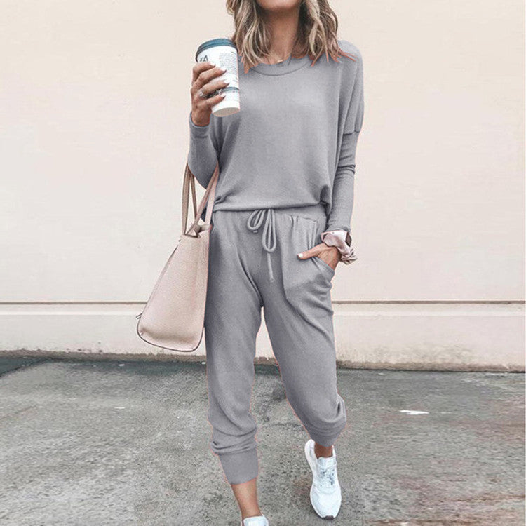New Women's Long Sleeve Suit Fashion Pullover Top And Pockets Drawstring Long Pants Solid Color Casual Sports Trouser Suit Clothing