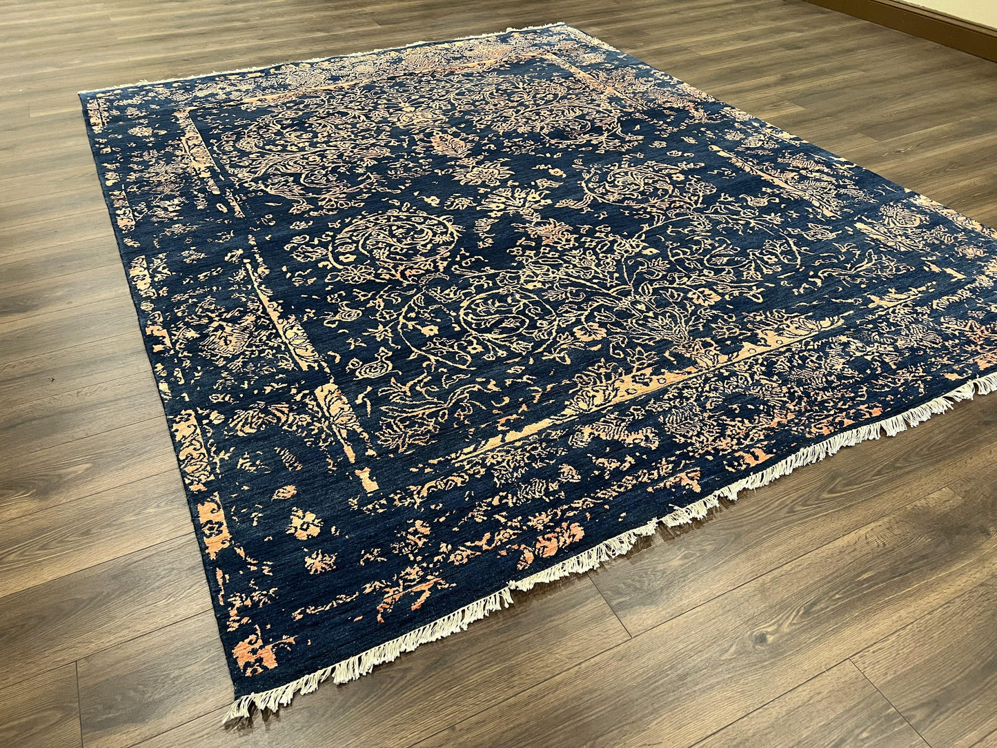 USED Area Rug 8x10 High Quality Handmade Oriental Carpet, Modern Contemporary Rug, Rug for Living Room, Wool Rug, Blue and Gold, Pakistani Rug