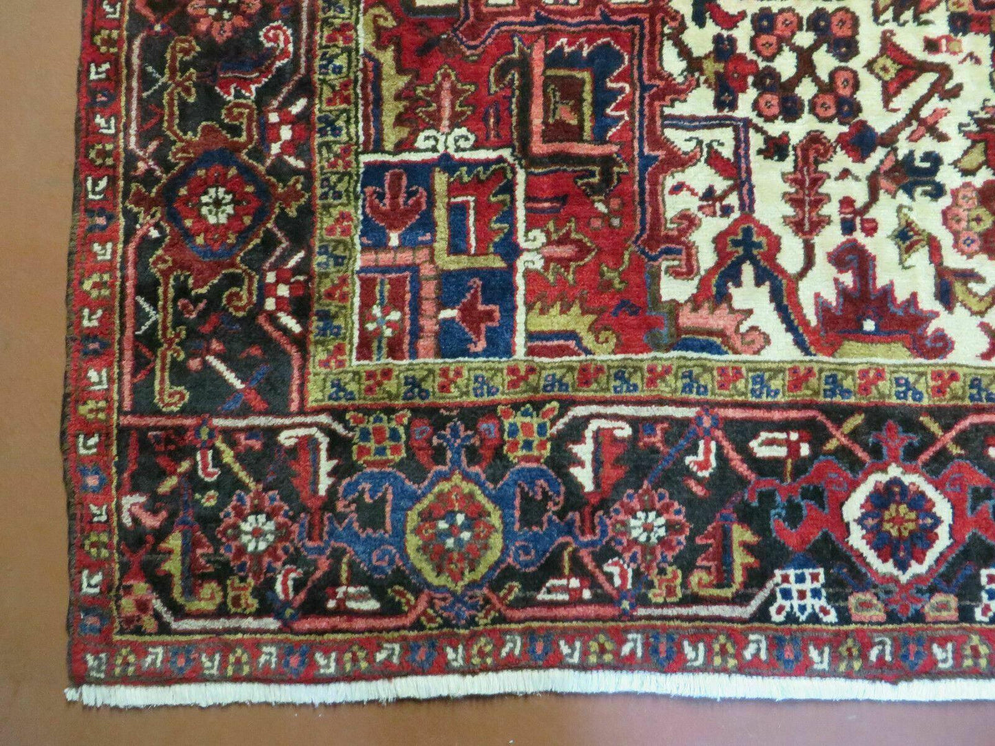USED Wonderful Persian Heriz Rug 8.6 x 11, Geometric Heriz Carpet, Semi Antique Decorative Area Rug, Red Ivory Dark Blue Handmade Wool Room Sized