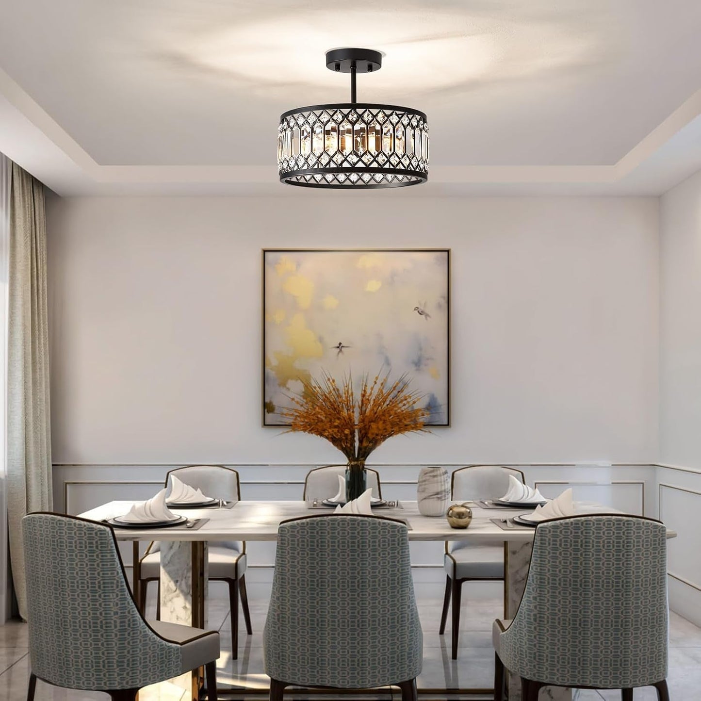 NEW Crystal Black Three Light Semi Flush Mount Ceiling Light