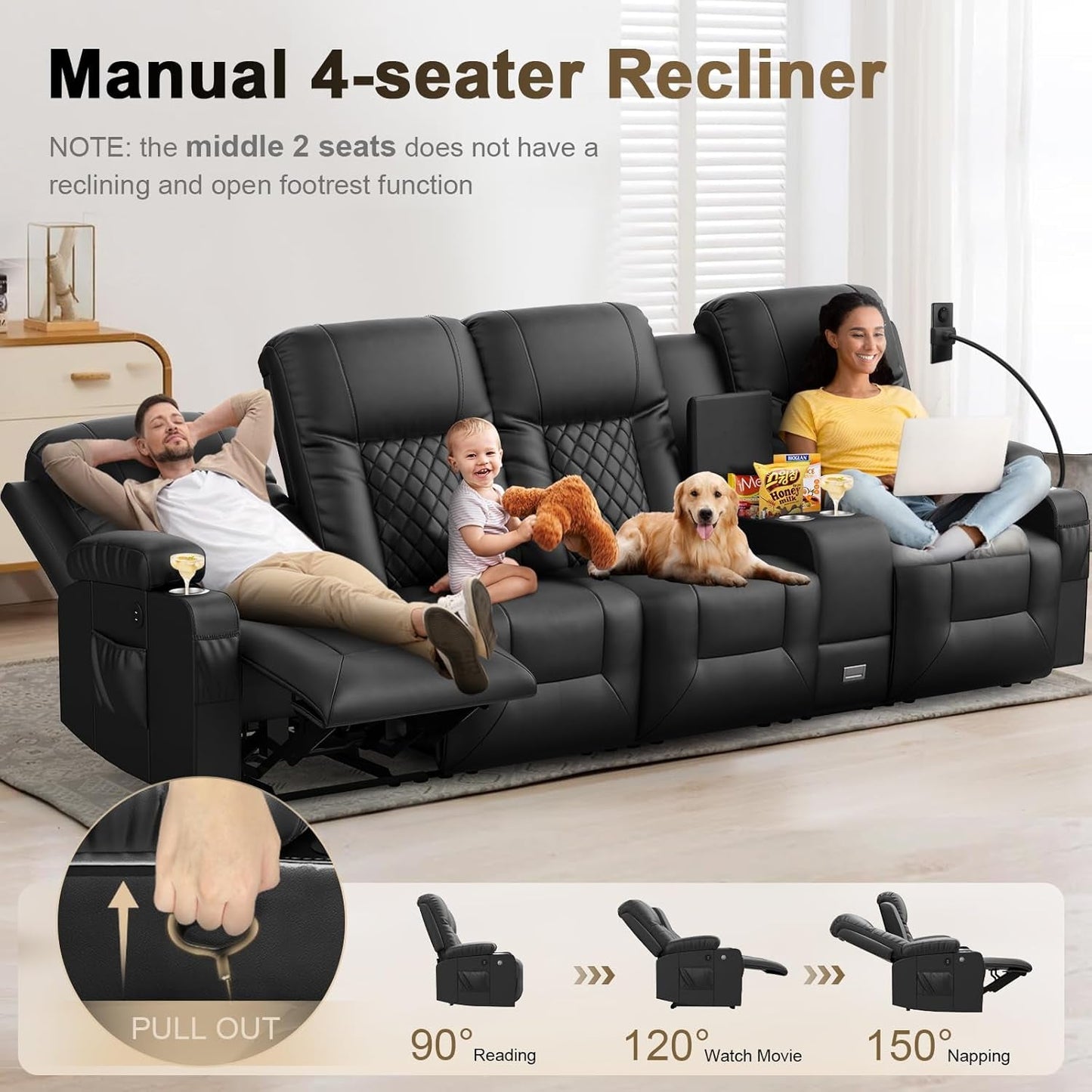 NEW 4 Seat Recliner Sofa With USB Ports And Storage Console