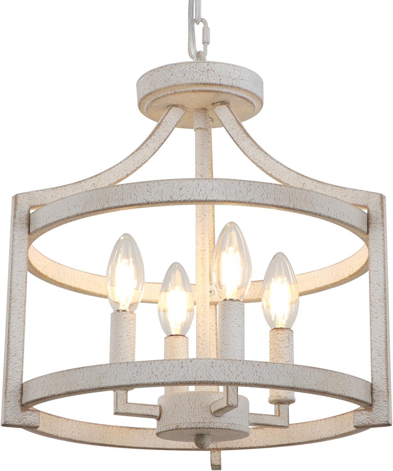 NEW Distressed White 4 Light Farmhouse Chandelier Convertible Mount