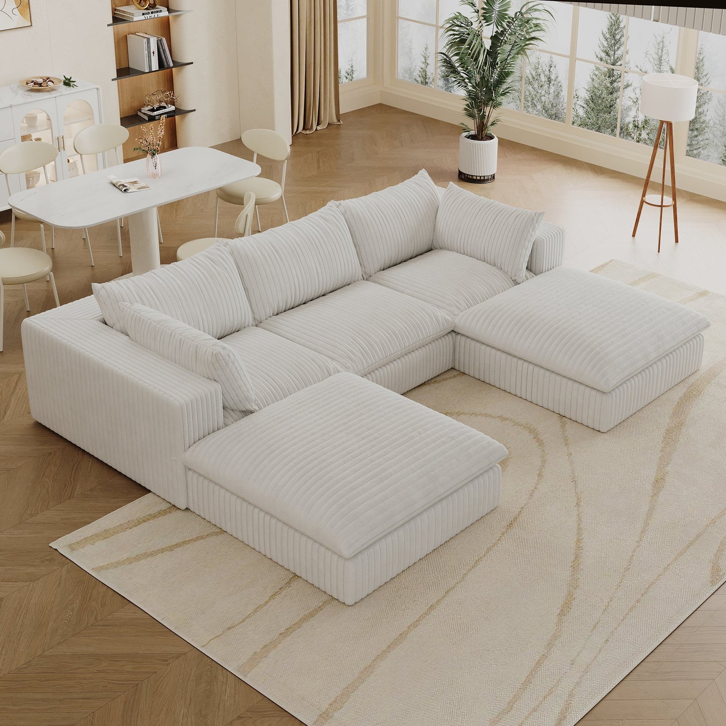 NEW 118.2' White Cloud Corduroy Fabric Deep Seat Double-layer Couch with Removable Cushion