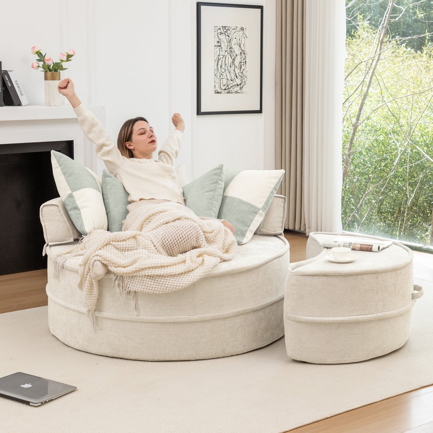 NEW Modern Oversized Beige Round Barrel Velvet Upholstered Lounge Armchair Accent Chair with Ottoman and 5 Pillows