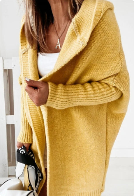 New Ins Knitted Hooded Cardigan Fashion Loose Solid Color Batwing Sleeve Sweater Autumn And Winter Women's Clothing