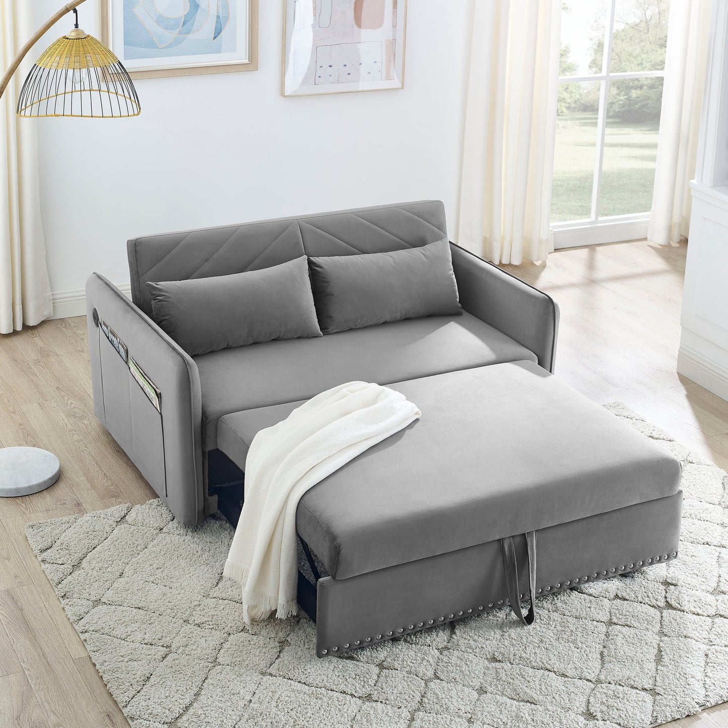 NEW MH' Sleeper Sofa Bed w/USB Port 3-in-1 Adjustable Sleeper with Pull-Out Bed 2 Lumbar Pillows
