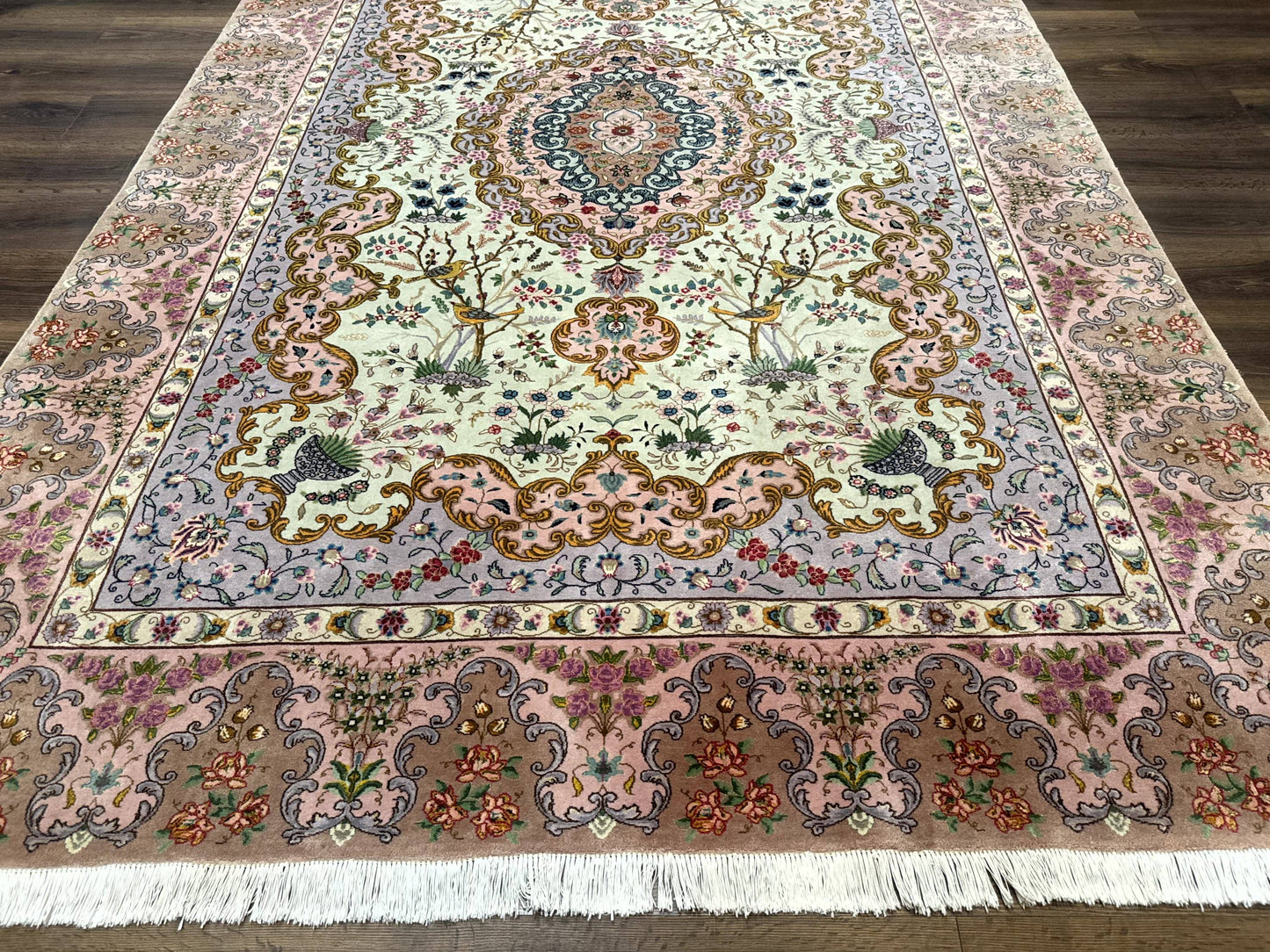 USED Wonderful Persian Tabriz Rug 7x10, Very Fine 330 KPSI, Light Green Light Blue Pink, Kork Wool Silk Foundation, Bird Pictorials