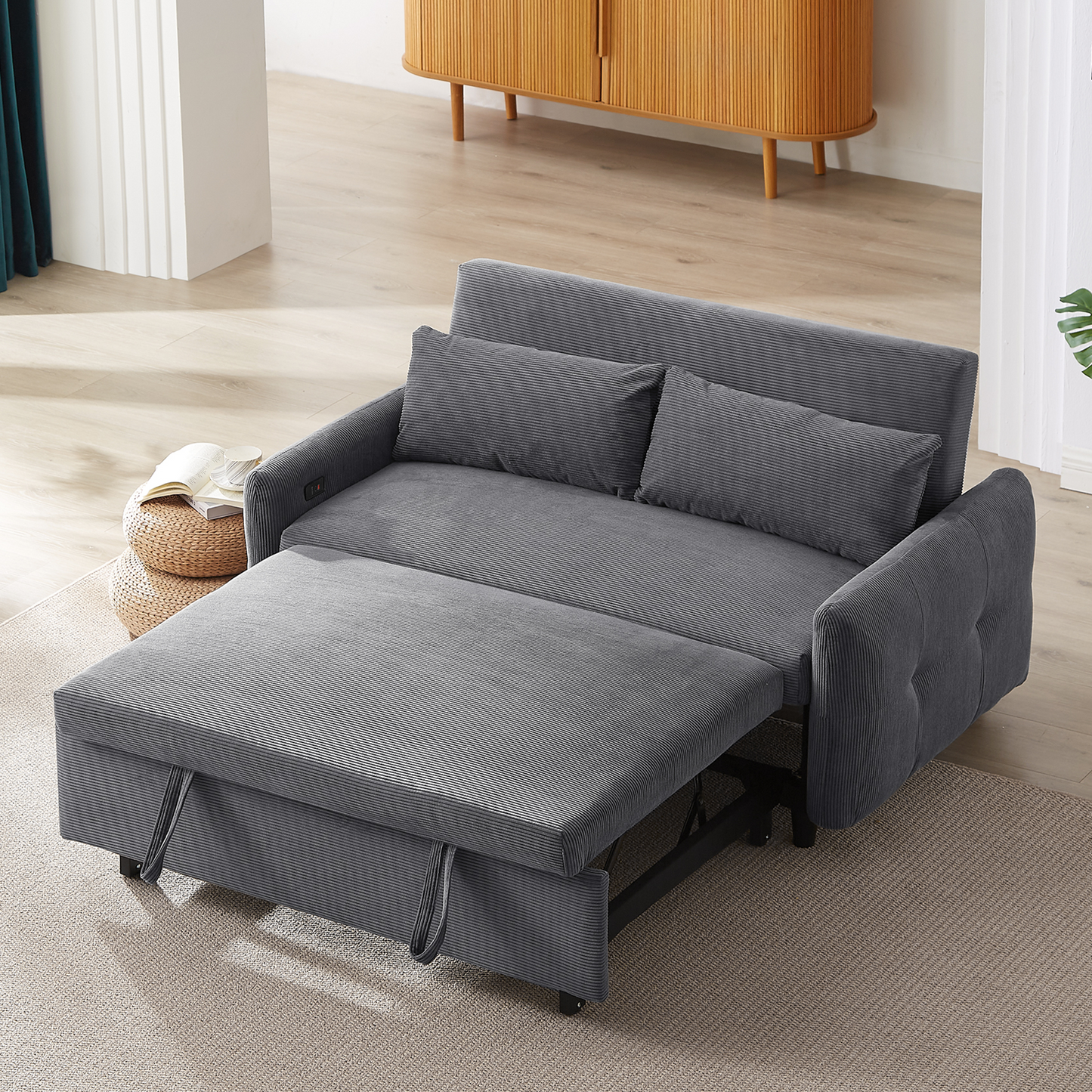 NEW 54.5’ Dark Grey Corduroy Modern Convertible Pull-out Sofa Bed