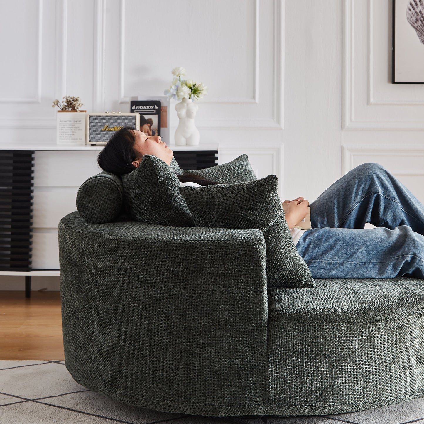 NEW 55''L Chenille Foam Single Swivel Chair, Fluffy Modern Sleeper, 360 Degree Swivel Chair for Living Room, Bedroom, Lounge and Projection Room